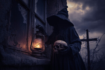 Halloween witch holding ancient lamp and skull standing over old damaged wood window with cross, dead tree and spooky cloudy sky, Halloween mystery concept