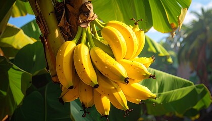 Ripe yellow bananas cluster on a tree, sunlight illuminating the fruit and large green leaves