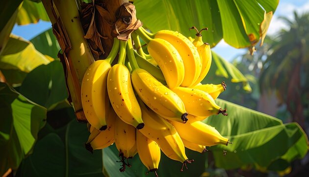 Ripe yellow bananas cluster on a tree, sunlight illuminating the fruit and large green leaves