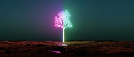 A vibrant, neon tree stands against a dark horizon, casting colorful lights on the ground, creating a surreal and imaginative landscape.