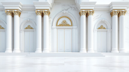 Stunning architectural design featuring grand white columns with intricate gold detailing, creating elegant and majestic atmosphere