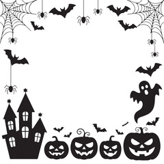 Spooky Halloween Frame with Ghost, Haunted House, and Pumpkins
