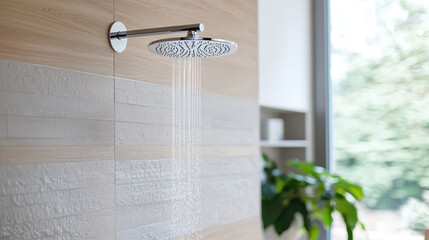 Minimalist bathroom featuring modern showerhead with cascading water, surrounded by natural light and greenery, creating serene atmosphere