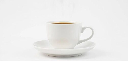 Obraz premium A pristine white coffee cup and saucer, emitting delicate steam, set against a pure white backdrop, minimalist, purity