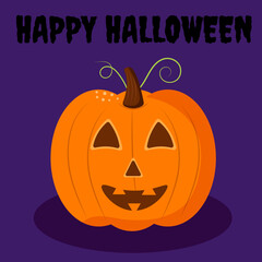 Happy halloween banner.  Bright orange pumpkin on a violet background. Design for postcards and social media templates. Vector illustration