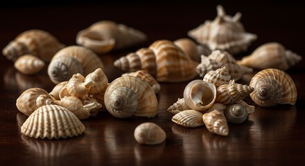Variety of seashells on a dark surface showcasing natural patterns and textures