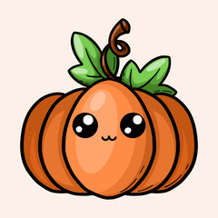 Cute kawaii pumpkin character. Funny vegetable with eyes and smile. Hand drawn vector kids illustration for cards, posters, prints, stickers.