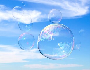 Clear, spherical soap bubbles floating against a vibrant blue sky with soft white clouds