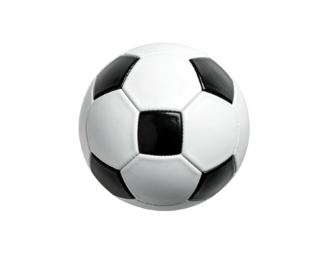 A soccer ball floats in a black void, revealing its classic black and white pattern