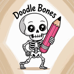 Cute little skeleton artist, doodle bones drawing, giant pink pencil, sketchbook accents, creative cartoon logo, fun vector graphic