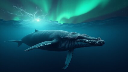 Naklejka premium Humpback whale swimming under aurora borealis