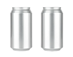 Two cylindrical, silver aluminum cans isolated on a black background