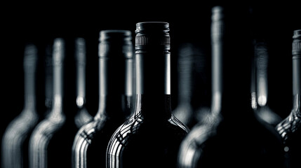 Dark glass wine bottles arranged in a row, showcasing elegant shapes and reflections, creating a sophisticated atmosphere for beverage presentation and marketing purposes