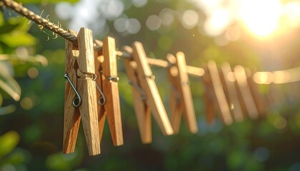 Wooden clothespins on a clothesline at sunrise