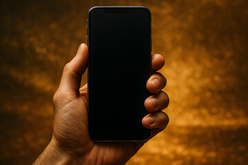 Modern Hand Holding Smartphone: A close-up shot of a person's hand gracefully cradling a modern smartphone with a blank black screen. Perfect for illustrating digital content, applications.