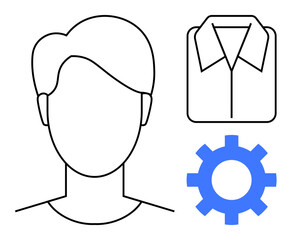 Simplified avatar outline, gear for personalization, shirt icon signifying identity or style. Ideal for profile settings, customization, users, personalization, identity, clothing digital features