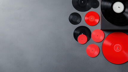 Vintage vinyl records in various sizes, featuring red and black colors, arranged on textured gray surface, evoke nostalgic atmosphere