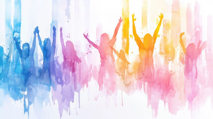 Colorful silhouettes of joyful people celebrating with raised hands, creating vibrant watercolor effect that evokes happiness and energy