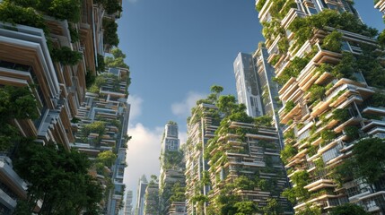 Net zero buildings, futuristic skyscrapers with vertical gardens and renewable design, glowing eco skyline.