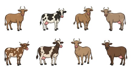 Fototapeta premium Various cattle illustrations on white background for design and commercial use