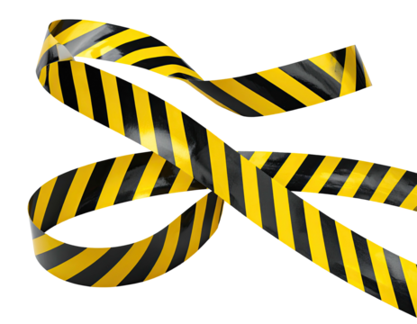 Diagonal, shiny, warning tape of yellow and black strips, isolated on black
