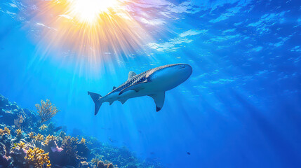 Majestic whale shark gliding gracefully through vibrant coral reefs under shimmering sunlight, creating serene underwater scene