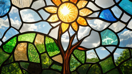Vibrant stained glass window featuring sun and tree design, showcasing colorful glass pieces shades of green, blue, and orange. sunlight shines