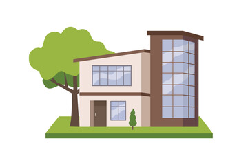 3D house facade. Residential house decoration. Modern villa design. Green villa. House design exterior.