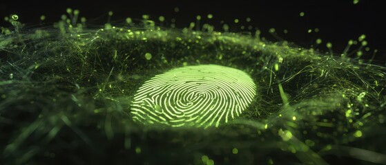 A vivid, abstract representation of a fingerprint surrounded by glowing green strands, symbolizing identity and technology.