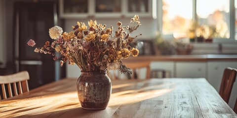 A vase with dried flowers on a wooden table in a cozy kitchen setting with sunlight streaming in from a window.