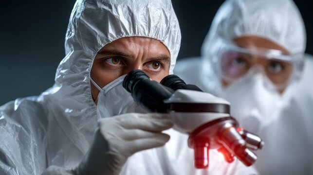 Dedicated scientists examine samples under a microscope in a sterile laboratory setting during an evening research session