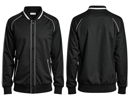 Front and back views of a black jacket with white trim and ribbed cuffs