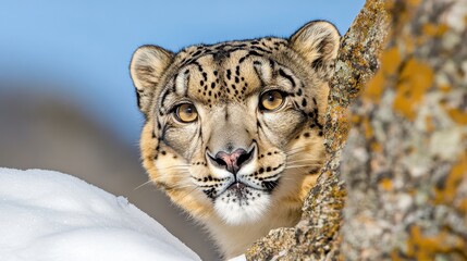 Obraz premium Majestic Snow Leopard Peeking from Snowy Rocky Landscape