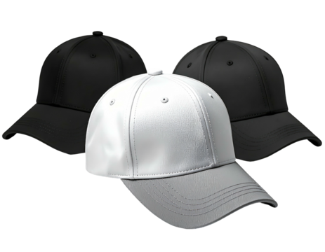 Three blank baseball caps, one white, two black, presented on a black background