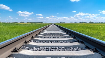 Tranquil Straight Railway Track Under Clear Blue Sky and Green Grass