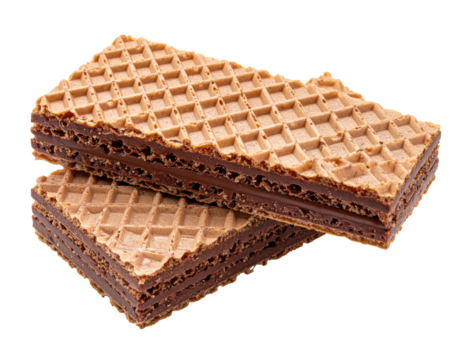 Two crispy rectangular wafers with layers of rich chocolate filling, close-up
