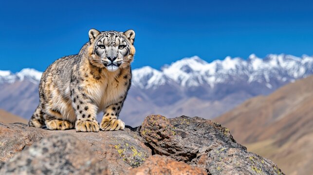 Majestic Snow Leopard in Stunning Mountain Landscape at Sunrise