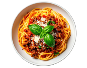A top-down view of spaghetti with meat sauce, basil, and cheese in a white bowl