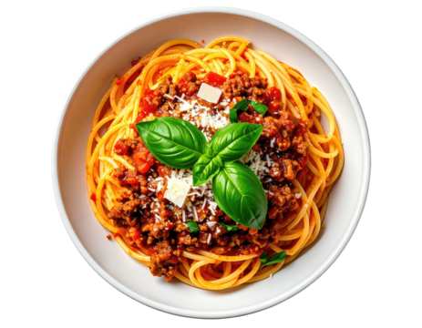 A top-down view of spaghetti with meat sauce, basil, and cheese in a white bowl