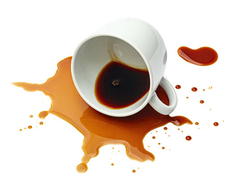 A white ceramic cup, overturned, spills dark brown liquid onto a black surface - Powered by Adobe