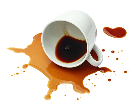 A white ceramic cup, overturned, spills dark brown liquid onto a black surface