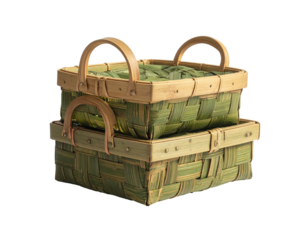 Two stacked square woven baskets with wooden handles and green material