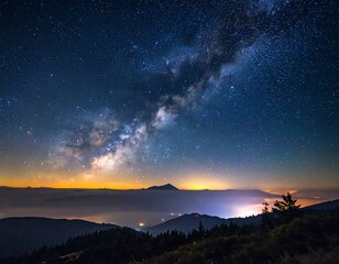 Fototapeta premium Night sky panorama with Milky Way over mountain range
