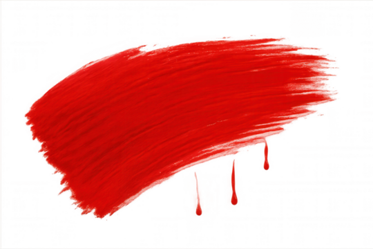 Red paint brush stroke with dripping paint elements creating an abstract grunge texture on transparent background