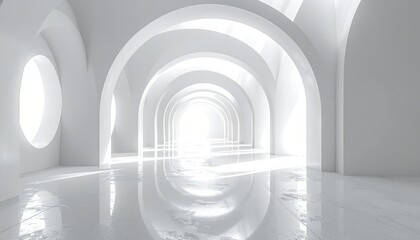 Obraz premium Modern architectural design features a perspective view of a long stone hall with a repeating pattern of arches and ceiling lights