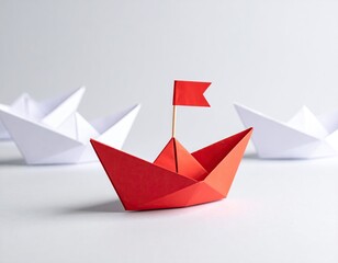 A red paper boat with flag leads white paper boats on a white surface