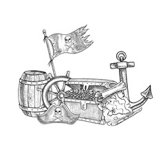 Treasure Island. Black and white graphics, hand-drawn vector illustrations. Medieval sea voyage. Pirate theme. For children s games and celebrations. For stickers, posters, banners, and more. © ANTONINA MASLOVA