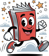 Cartoon book character illustration, cheerful reading mascot, playful educational design, joyful learning theme for school, merch, and classroom kits