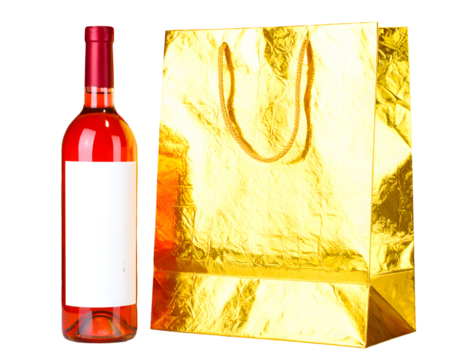 Bottle of rose wine and golden gift bag isolated on transparent background