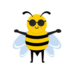 Adorable cartoon cute bee character wearing cool black sunglasses. A happy smiling insect mascot with wings outstretched, isolated on a white background